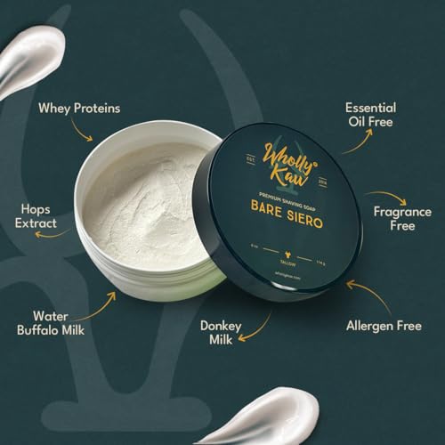 WhollyKaw Unscented Suitable for Sensitive Skin Bare Siero Tallow Shaving Soap Enriched with Donkey Milk, Water Buffalo Milk, Whey Proteins, Omega 3, Hops Extract No Essential Oils No Fragrance.