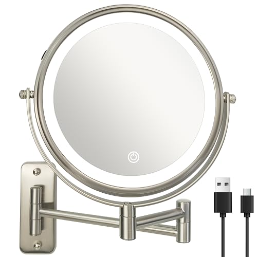 JANEEVA 8" Wall Mounted Lighted Makeup Mirror,Rechargeable Double Sided 1X/10X Magnifying Mirror with 3 Color Lights,Touch Dimmable Bathroom Vanity Mirror with 360¡ÆSwivel Extendable Arm Brushed Nickel