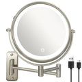 JANEEVA 8" Wall Mounted Lighted Makeup Mirror,Rechargeable Double Sided 1X/10X Magnifying Mirror with 3 Color Lights,Touch Dimmable Bathroom Vanity Mirror with 360¡ÆSwivel Extendable Arm Brushed Nickel