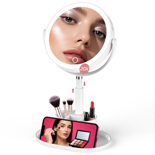 White 20X Magnifying Lighted Vanity Mirror with Storage Base – Double Sided