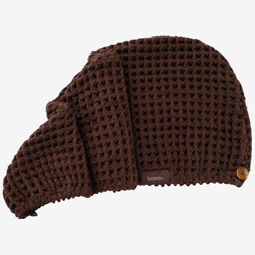 Kosmu Luxury Organic Japanese Cotton Hair Drying Waffle Towel Wrap with Button (Dark Cocoa) - Extra Large Turban for Long Curly Hair