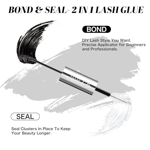 VEYESBEAUTY Lash Bond and Seal Waterproof 2 in 1 Cluster Lash Glue for Eyelash Extensions Long Lasting Strong Hold Individual Eyelash Glue for DIY Lash Extensions Self Use at Home 7ml+7ml