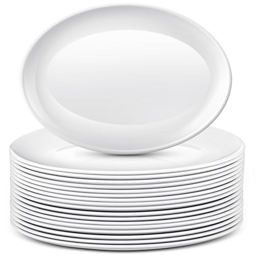 Dandat 24 Pack 14-Inch White Melamine Oval Serving Platters - Large Party Trays