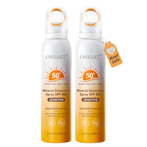 Mineral Sunscreen Spray SPF 50+ 6.76 Fl Oz Pack of 2 - Reef Safe, Broad Spectrum, Water Resistant