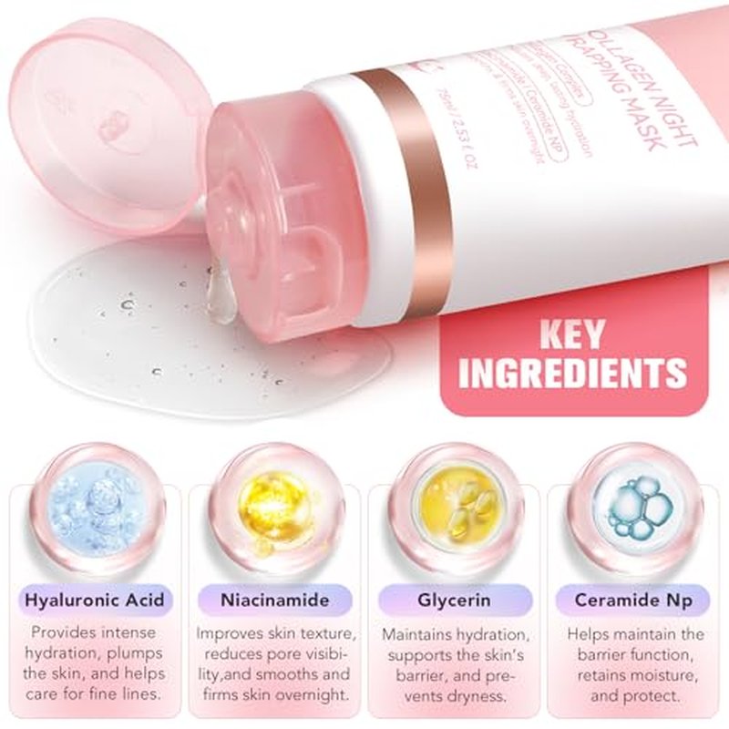 2 Pack Collagen Night Wrapping Mask with Brush 2.53 fl.oz, Collagen Overnight Peel Off Facial Mask, Hydrolyzed Collagen Face Mask, Reduces Sagging & Dullness - Hydrolyzed Face for Glowing Glass Skin