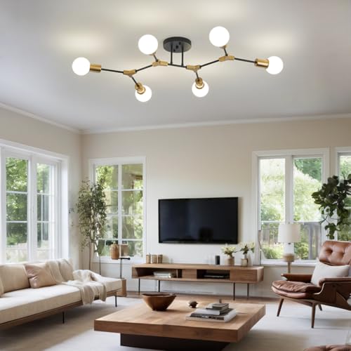 QUOOBE Gold and Black Sputnik Ceiling Light Fixture - 6-Light Mid Century Flush Mount