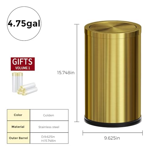Gold Bathroom Trash Can with Lid - 4.7 Gallon Stainless Steel Garbage Bin with Flipping Cover - LEASYLIFE Variation