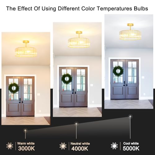 16 Inch Modern Crystal Ceiling Light Fixture - 5-Light Semi Flush Mount Gold