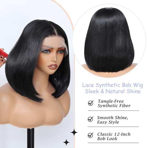 JANATOUCH Natural Black 12-Inch Synthetic Lace Front Bob Wig for Women