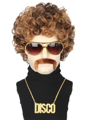Disco 70s 80s Afro Wig Set with Glasses Necklace - Blonde & Brown Variations