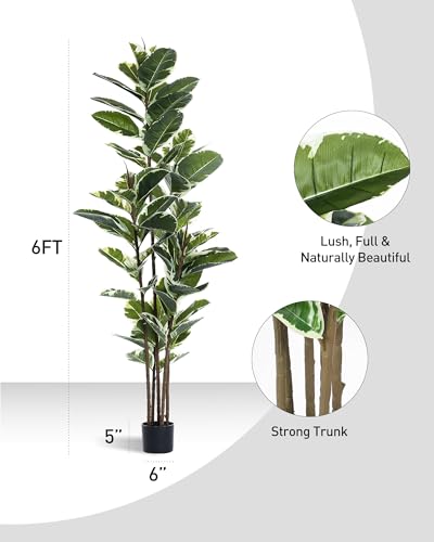 FLOWORLD 6ft Artificial Rubber Tree Plant Faux Ficus Tree with Pot - Large Indoor House Decor