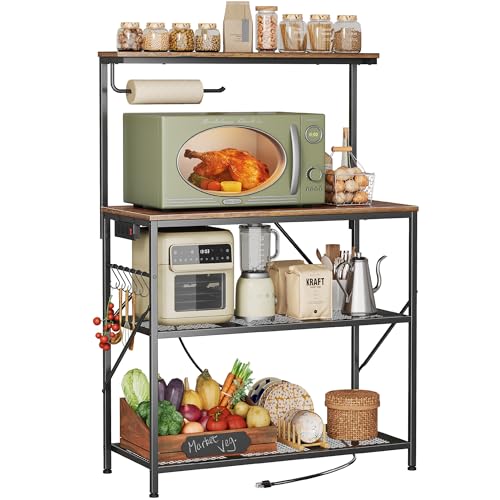 4-Tier Kitchen Storage Rack with Reversible Power Outlet - Rustic Brown, 31.5 Inch Microwave Stand & Coffee Bar
