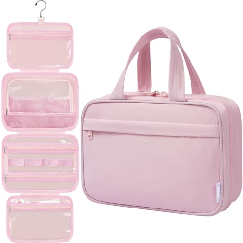 Pink Portable Hanging Toiletry Bag for Women with 4 Leakproof Compartments - L Size