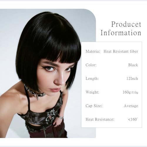 Black Short Straight Bob Wig with Bangs for Women - 13 Inch Variation