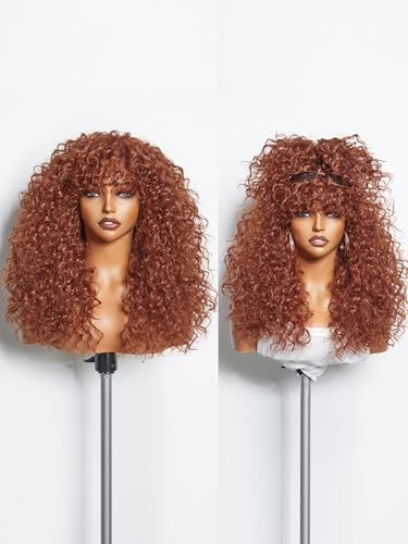 Ginger Curly Wig with Bangs - 20 Inch Synthetic Wigs for Black Women - Glueless, Natural Look