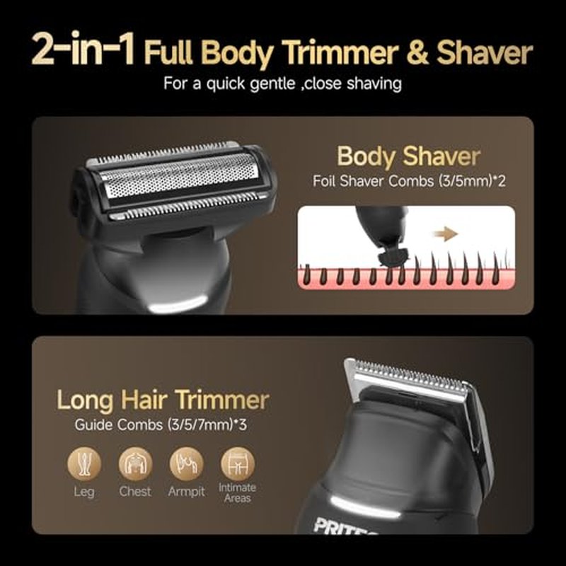 Body Hair Trimmer for Men, Dual-Hend Public Trimmer & Foil Shaver Waterproof Electric Rezor for Men Wet/Dry Groomer,USB-C Rechargeable Ball Shaver with Dock Charging & Travel Lock, Black