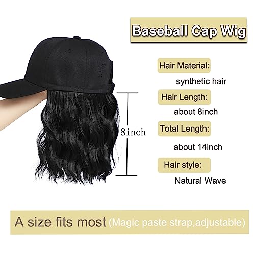 14 Inch Black Synthetic Wavy Wig Hat with Natural Wave Hair Extensions for Women — Adjustable Baseball Cap Style