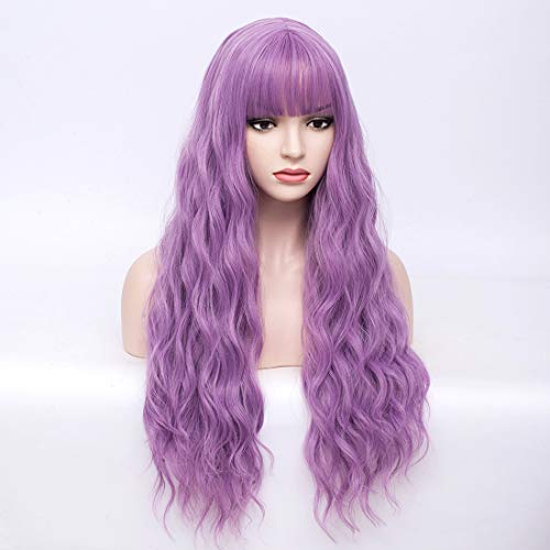BERON 27-Inch Lavender Purple Curly Wavy Synthetic Wig with Bangs for Women