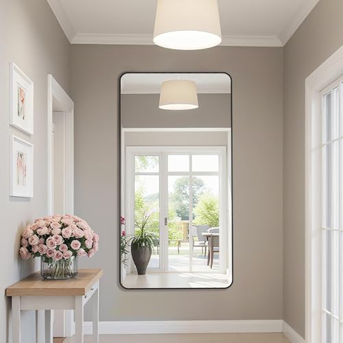 Large 55x30 Inch Rectangular Bathroom Mirror with Rounded Corners - Black Wall Mount