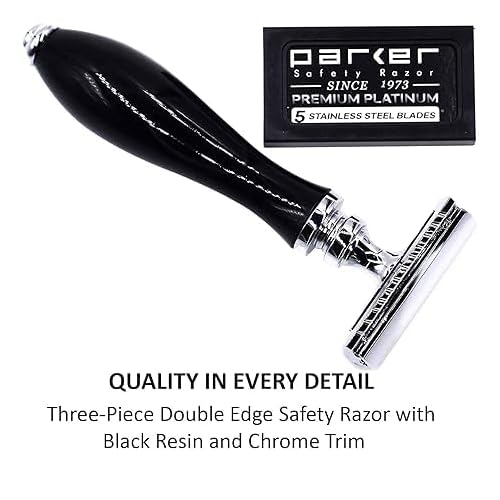 Parker 111B Ebony Handle Three?Piece Double?Edge Safety Razor ? Elegant Weighted Scratch?Resistant Shaving Razor with Premium Blades