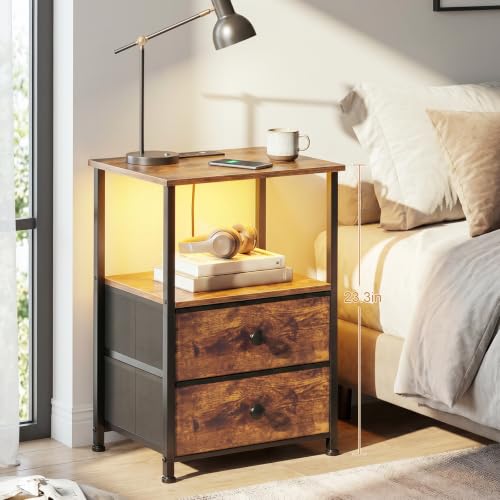 Set of 2 LED Nightstands with Charging Station - Rustic Brown / Power & RGB Lights