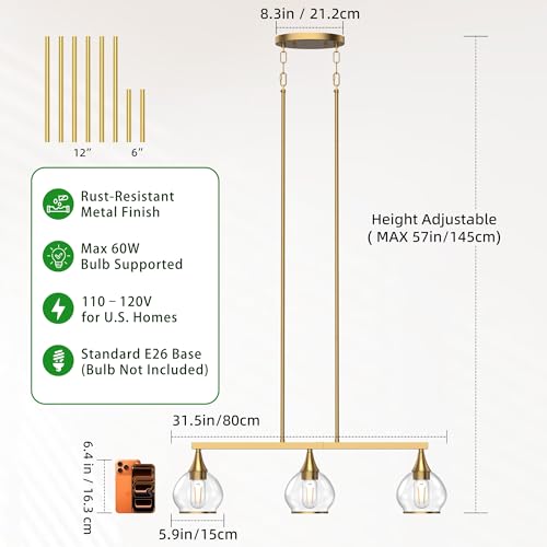 Brushed Gold Kitchen Island Pendant Light - 3 Light E26 Fixture - Variation of Gold / 3-Light