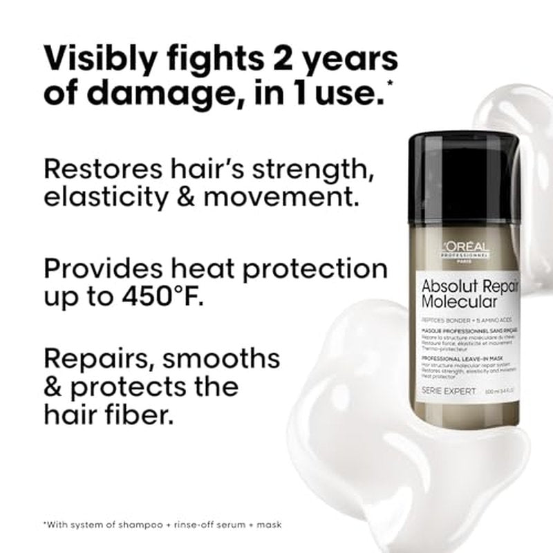 L'Or?al Professionnel Paris Absolut Repair Molecular Leave In Mask - Smooths and Strengthens Hair For All Damaged Hair Types, Protects from Heat