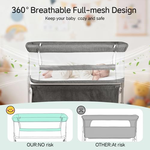 Cowiewie Dark Grey Bedside Baby Bassinet with 5-Height Adjustment, Breathable Mesh, Space-Saving Co-Sleeper