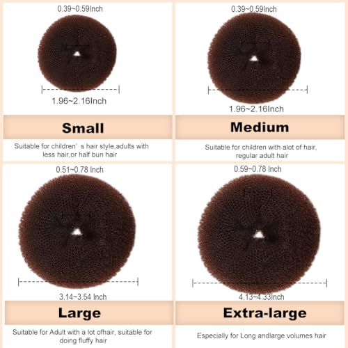 Donut Hair Bun Maker Set - 4 Rings (1 Extra-Large, 1 Large, 1 Medium, 1 Small), 20 Hair Nets(12inch, 24inch), 5 Elastic Bands, 40 Hair Pins, Dark Brown