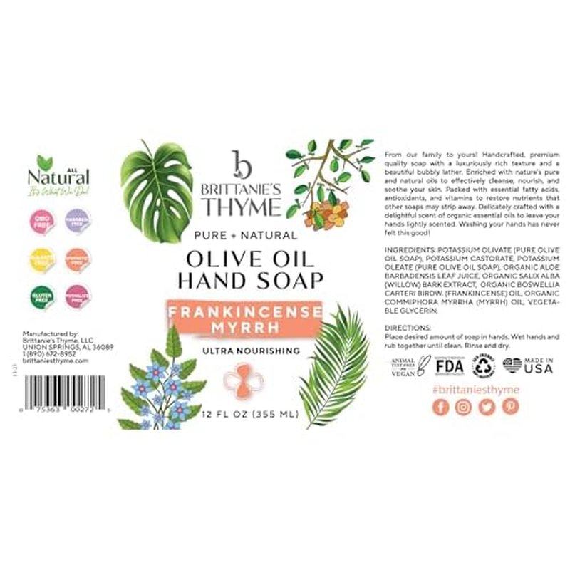 Brittanie¡¯s Pure Castile Liquid Soap Refill, Frankincense, 12 Ounce 3 Pack | Dish Soap, Hair & Body, Home, Gentle and Pure, Made with Natural Luxurious Oils, Vegan & Gluten Free Non-GMO