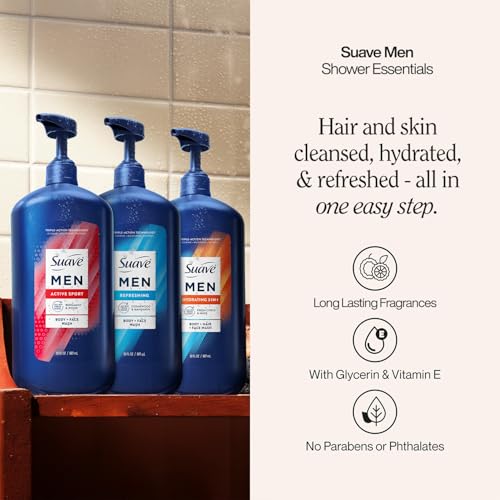 Suave Men Body & Hair Care 3-Pack – Hydrating 3-in-1, Sport & Refreshing Wash