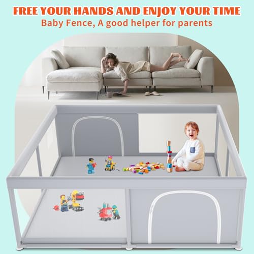 Extra Large Baby Playpen 79x79 Inches with Soft Breathable Mesh - Grey, Without Mat