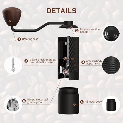 MAVO Manual Coffee Grinder with Pentagon & Hexagonal Stainless Steel Burrs, 25g Capacity, Black