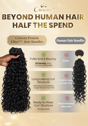 CROWNA Burmese Curly Hair Bundles 18-22 Inch Natural Black, Reusable Protein Fiber Extensions