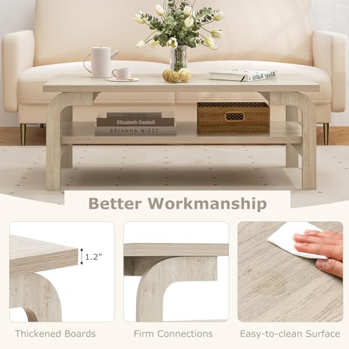 GIANTEX Oak 2-Tier Coffee Table with Storage - Mid Century Modern Design
