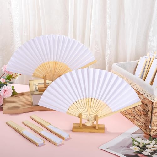 White Wedding Paper Fans Set of 100 with Storage Basket - Portable & DIY Friendly