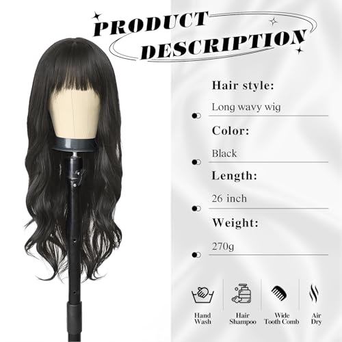 Black Wig for Women 26 Inch Synthetic Wavy Hair with Bangs - Cosplay & Daily Wear