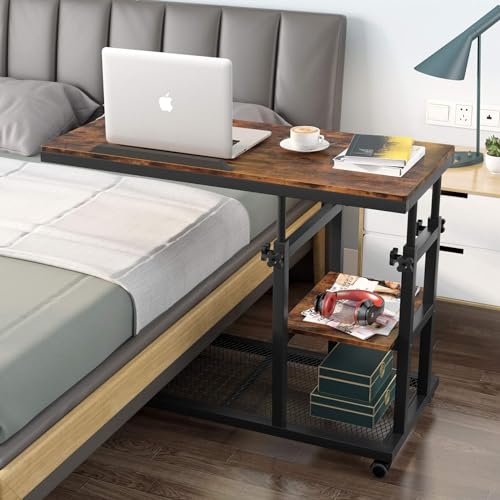 Height Adjustable C-Shaped Snack Side Table with Wheels - Rustic Brown