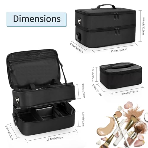 Extra Large Makeup Case, Professional Makeup Artist Traveling Bag, Double Layer Lightweight XL Makeup Travel Case Organizer for Artist Hairstylist Crafters with 2 Detachable Pouch & Shoulder Strap