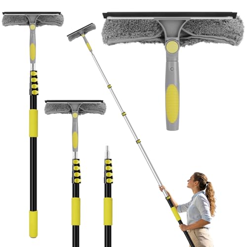 20FT Telescopic Window Squeegee with Extension Pole, 2-in-1 Washable Microfiber & Rotating Head