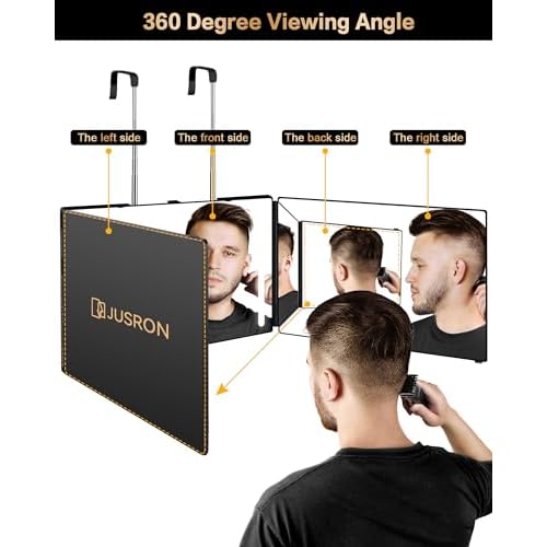 JUSRON 360 Viewing Angle Self Hair Cutting Mirror, Clear Anti-Fog HD Glass, USB Rechargeable, Easy to Use, Height Adjustable, Portable, Good Choice for Gifts