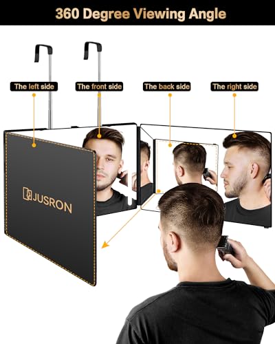 JUSRON Black LED 360° Self-Hair Cutting Mirror with Anti-Fog HD Glass, USB Rechargeable