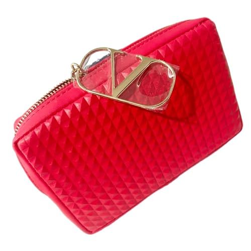 Valentino Red Triangle Diamond 3D Grid Small Zip Makeup Cosmetic Gift Pouch Approx 6L x 4H x 1W (2297)