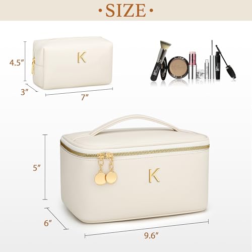 Beige Personalized Initial Travel Makeup Toiletry Bag Gifts for Women - K