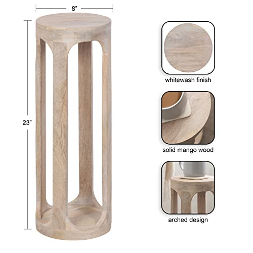 Kate and Laurel Whitewash 8x23 Inch Coastal Wooden Round Drink Table - Boho Accent Pedestal