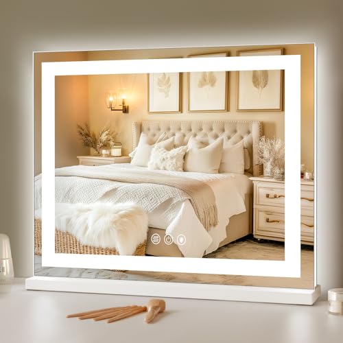 Hansong RGB Vanity Mirror with Lights 23¡± X 18¡± Makeup Mirror with Front Light and RGB Backlit Lighted Vanity Mirror with 3 Color Lighting Dimmable Tempered Glass 10x Magnification and Wall-Mounted