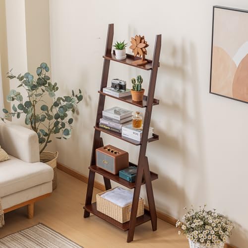 5-Tier Bamboo Ladder Shelf Bookcase - Walnut Finish, Free Standing Storage Organizer