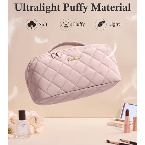 Travel Makeup Bag, 3 Pcs Large Capacity Puffy Toiletry Bag for Women, Open Flat Make up Cosmetic Organizer w/Handle & Clear Divider Water-resistant Portable Pouch Travel Essentials, L-Pink Rose