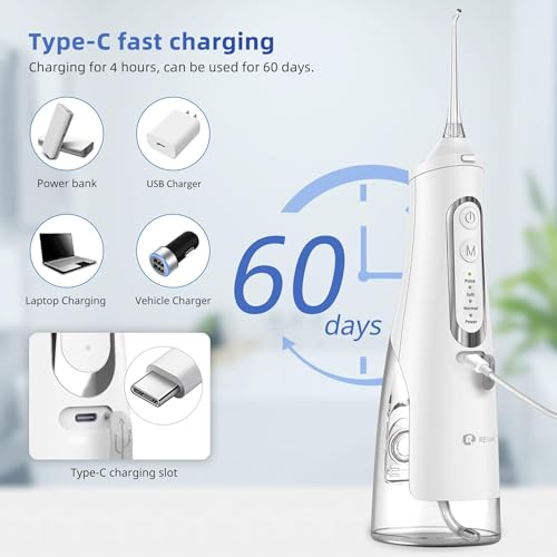 REVA White Cordless Dental Water Flosser - 310ML, 4 Modes, Rechargeable, 4 Tips