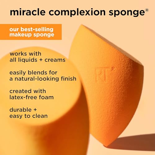 Real Techniques Miracle Complexion Sponge + Travel Case, Makeup Blending Sponge, For Foundation, Sponge Case for Travel, Light To Medium Coverage, Natural, Dewy Makeup, Latex-Free Foam, 2 Piece Set